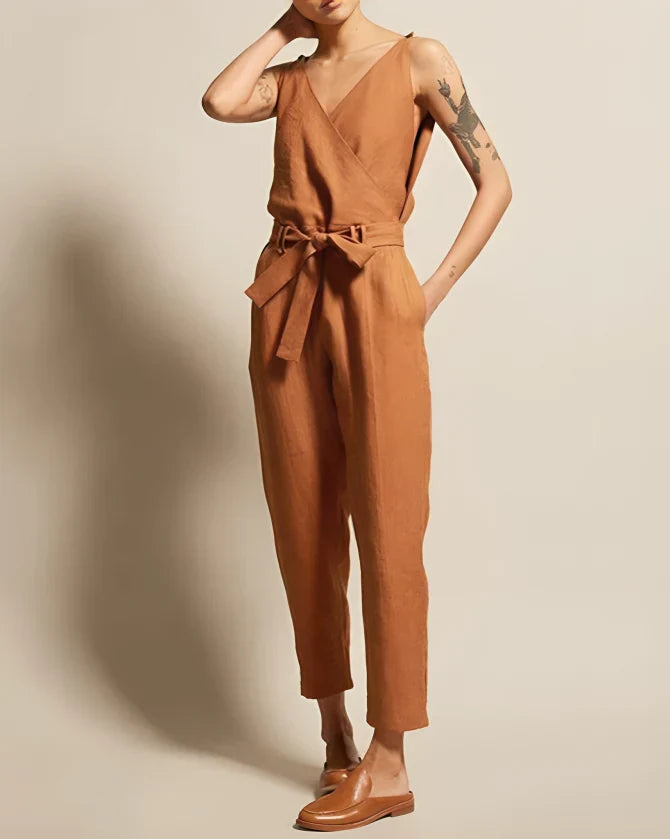 Damen Jumpsuit – Baumwollmix – Ärmellos – Lockerer Schnitt – Wickeloptik – Gürtelbund