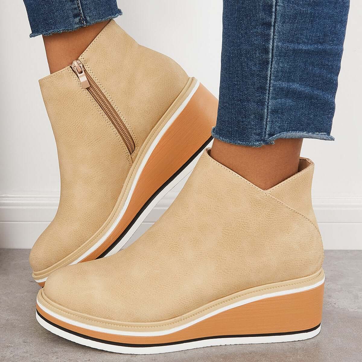 Damen Stiefeletten – Plattformsohle – Seitlicher Reißverschluss – Rundzehenform