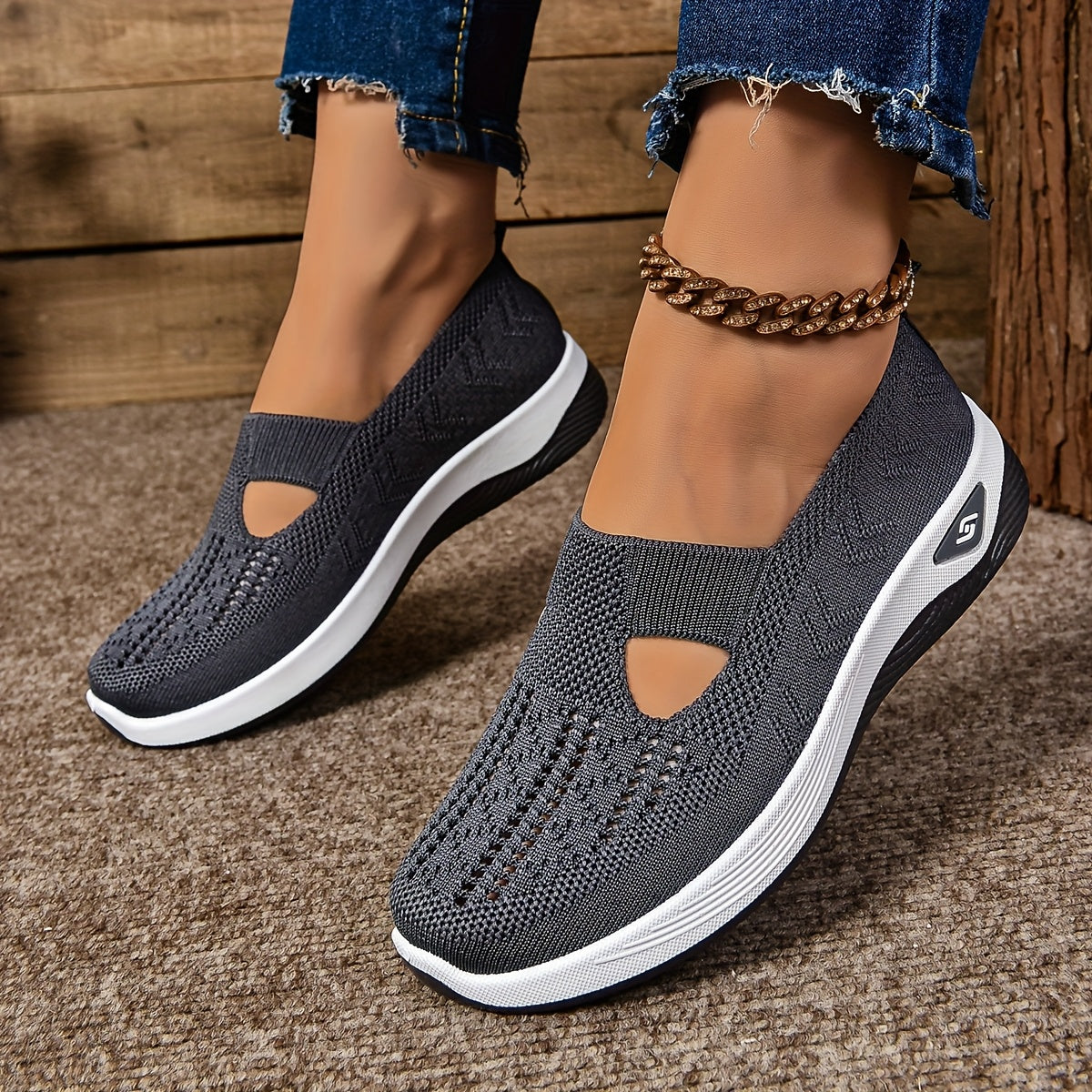Damen Slip-On Sneaker – Atmungsaktives Strickdesign – Gepolsterte Sohle – Niedriger Schnitt