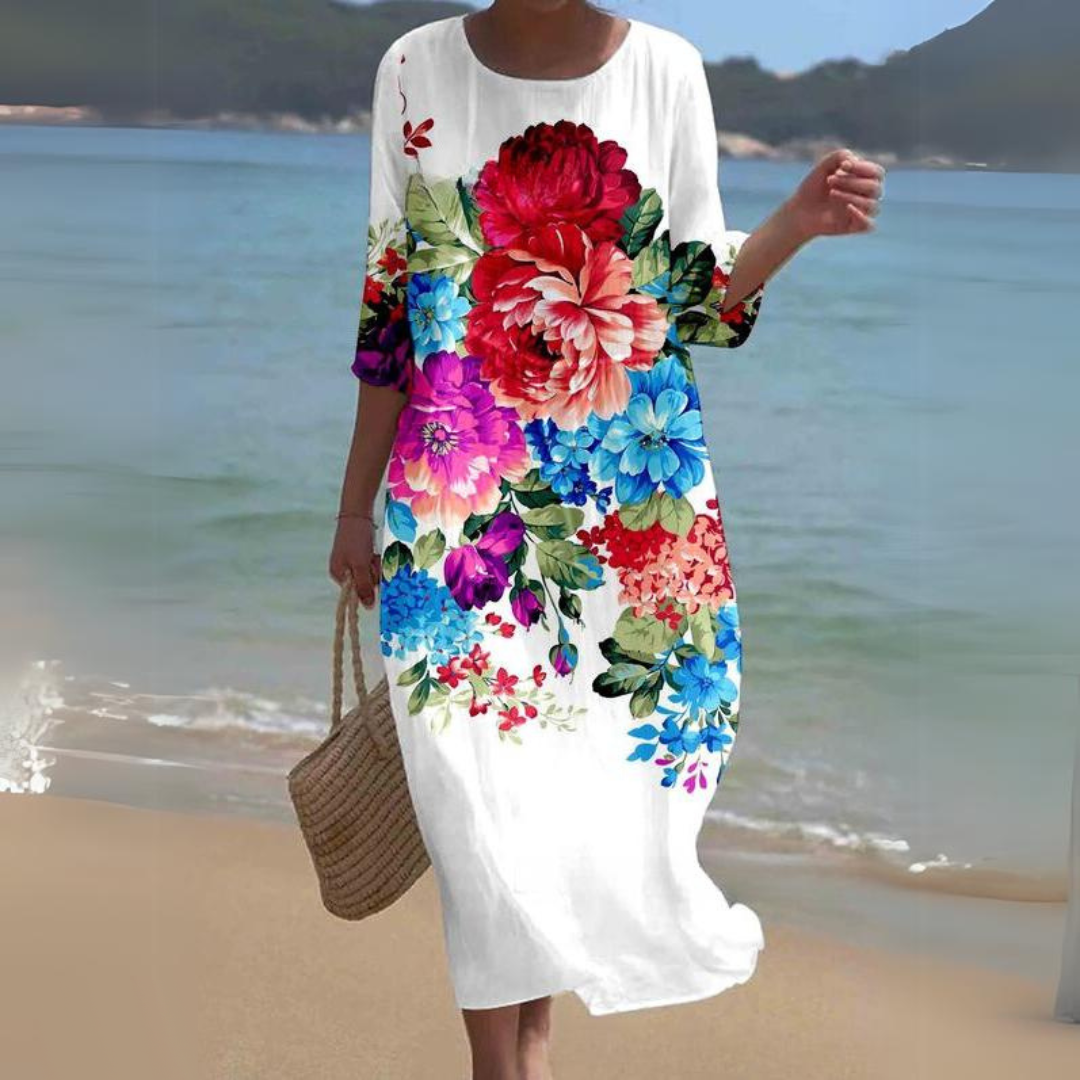 Damen Midi Kleid – Fließender Schnitt – Atmungsaktives Gewebe – Blumenmuster