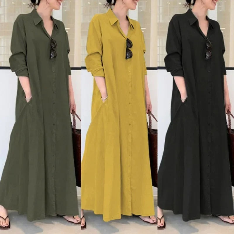 Damen Freizeitkleid – Lockere Passform – Knopfleiste – Mit Taschen – Atmungsaktiver Stoff