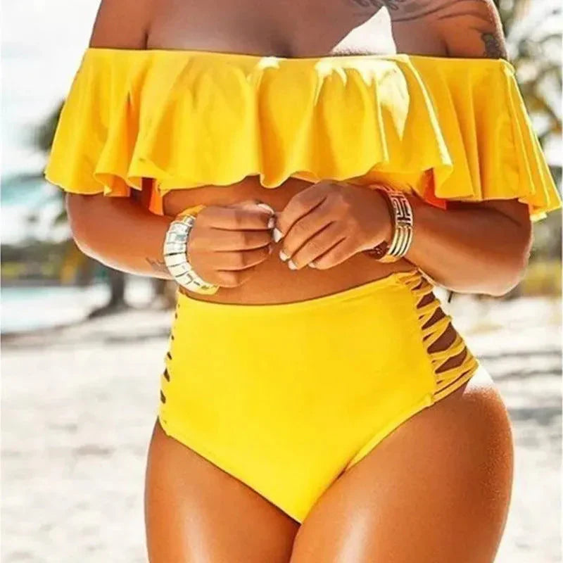 Damen Bikini Set – High Waist – Schulterfrei mit Rüschen – Seitliche Cut-Outs