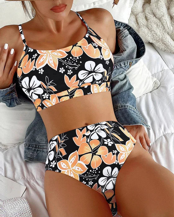 Damen Bikini Set – High Waist – Tanktop Stil – Florales Muster – Atmungsaktive Mischung