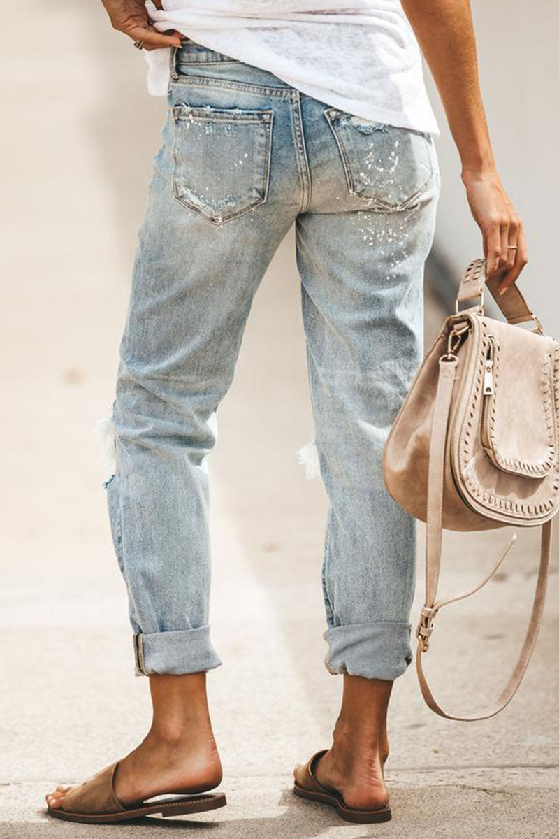 Damen Jeans – Gerade Passform – Hoher Bund – Stark Destroyed – Umschlag-Saum Casual