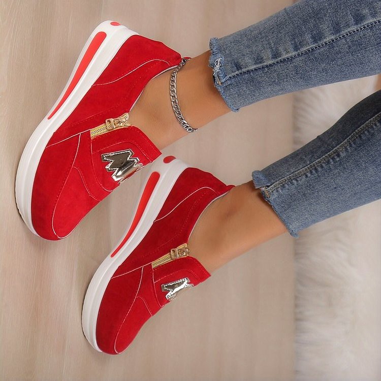 Damen Slipper Schuhe – Weiches Material – Plattformsohle – Zipper & Stickerei