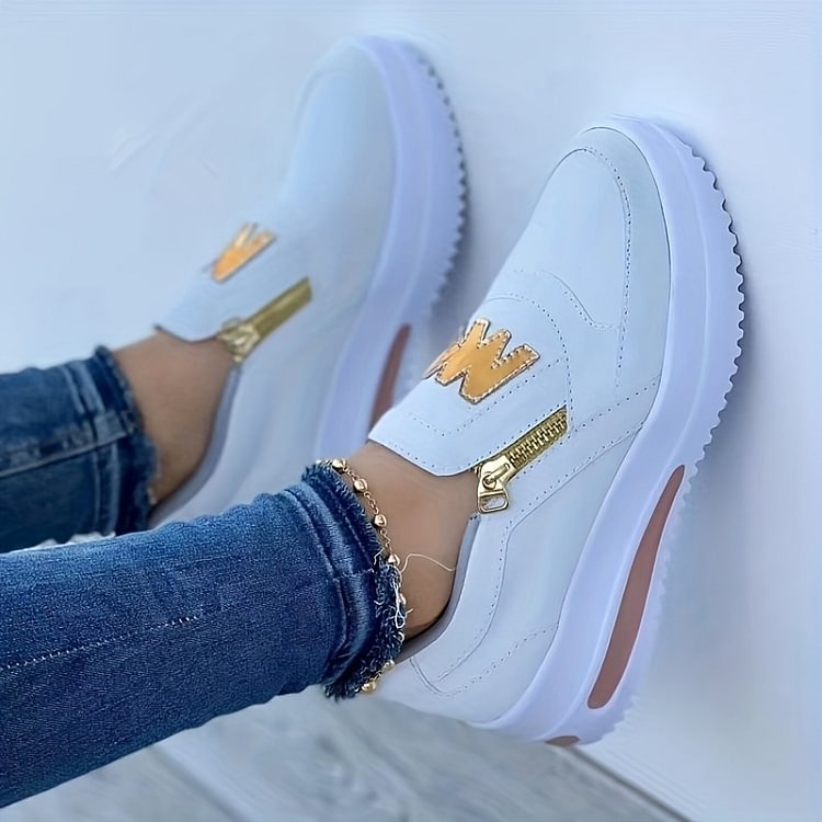 Damen Slipper Schuhe – Weiches Material – Plattformsohle – Zipper & Stickerei