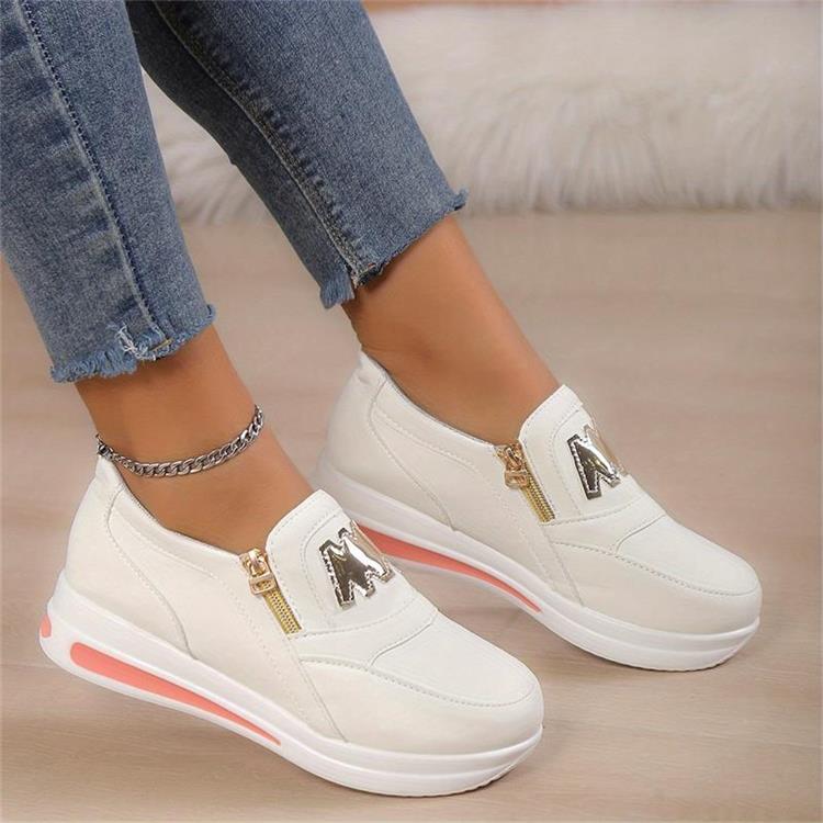 Damen Slipper Schuhe – Weiches Material – Plattformsohle – Zipper & Stickerei
