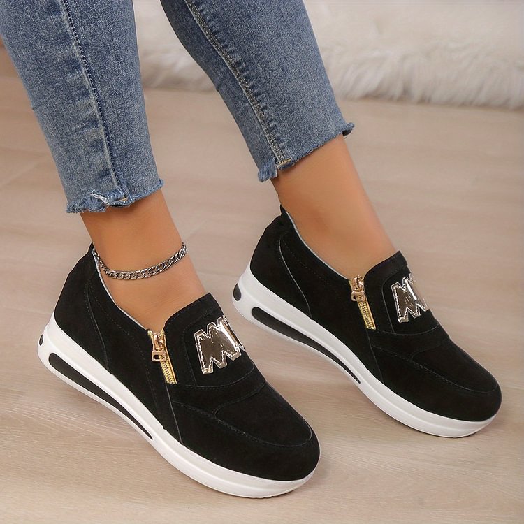 Damen Slipper Schuhe – Weiches Material – Plattformsohle – Zipper & Stickerei