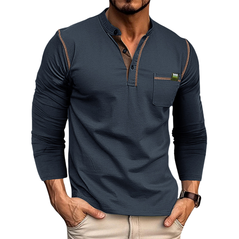 Herren Henley Shirt – Tailored Fit – Langarm – Atmungsaktives Gewebe – Brusttasche