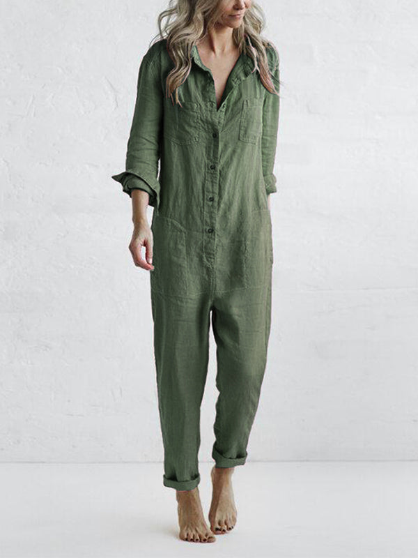Damen Jumpsuit – Relaxed Fit – Gerade Beine – Atmungsaktive Naturfaser – Langarm mit Riegel – Knopfleiste – Hemdkragen