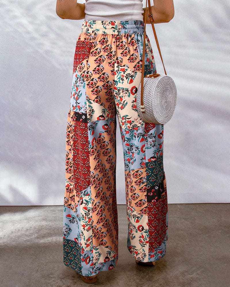 Damen Palazzo Hose – High Waist – Weites Bein – Boho Print – Verstellbarer Bund