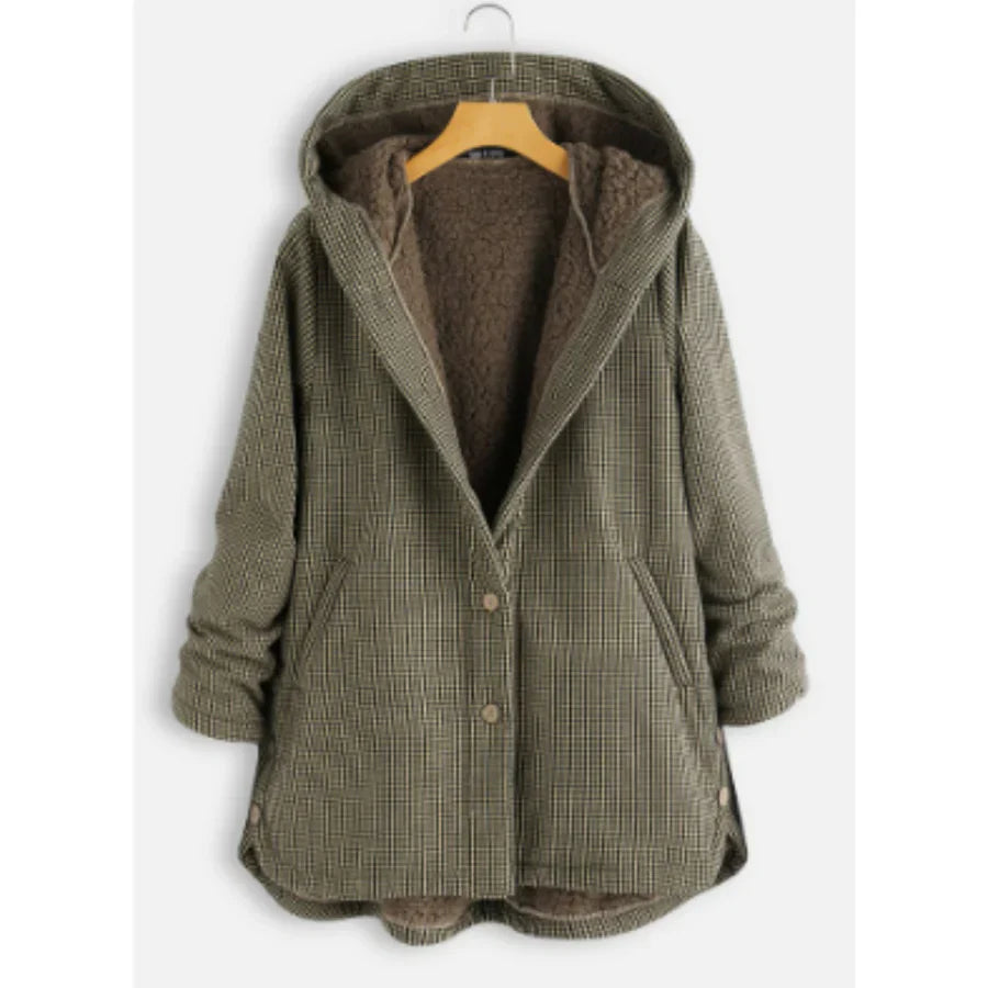 Damen Kapuzenjacke – Wollmix – Lockere Passform – Fleece Innenfutter – Knopfverschluss