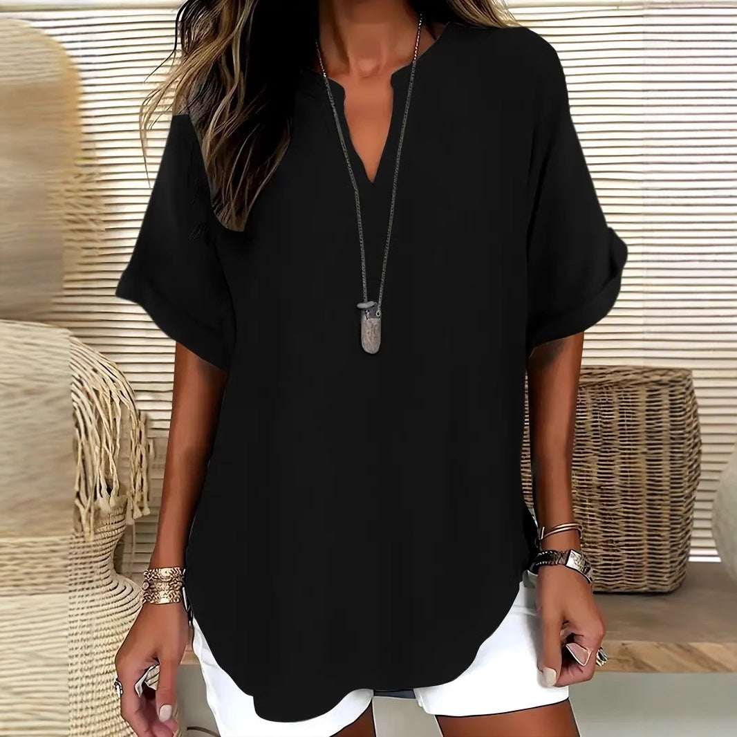 Damen Bluse – Lockerer Schnitt – V-Ausschnitt – Kurzarm – Natürliche Fasern
