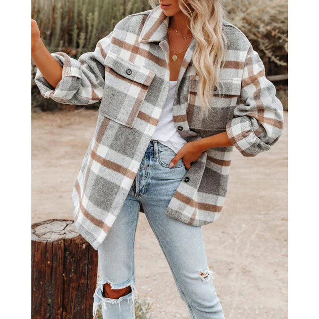 Damen Jacke – Oversize Passform – Weiches Gewebe – Karomuster – Knopfleiste