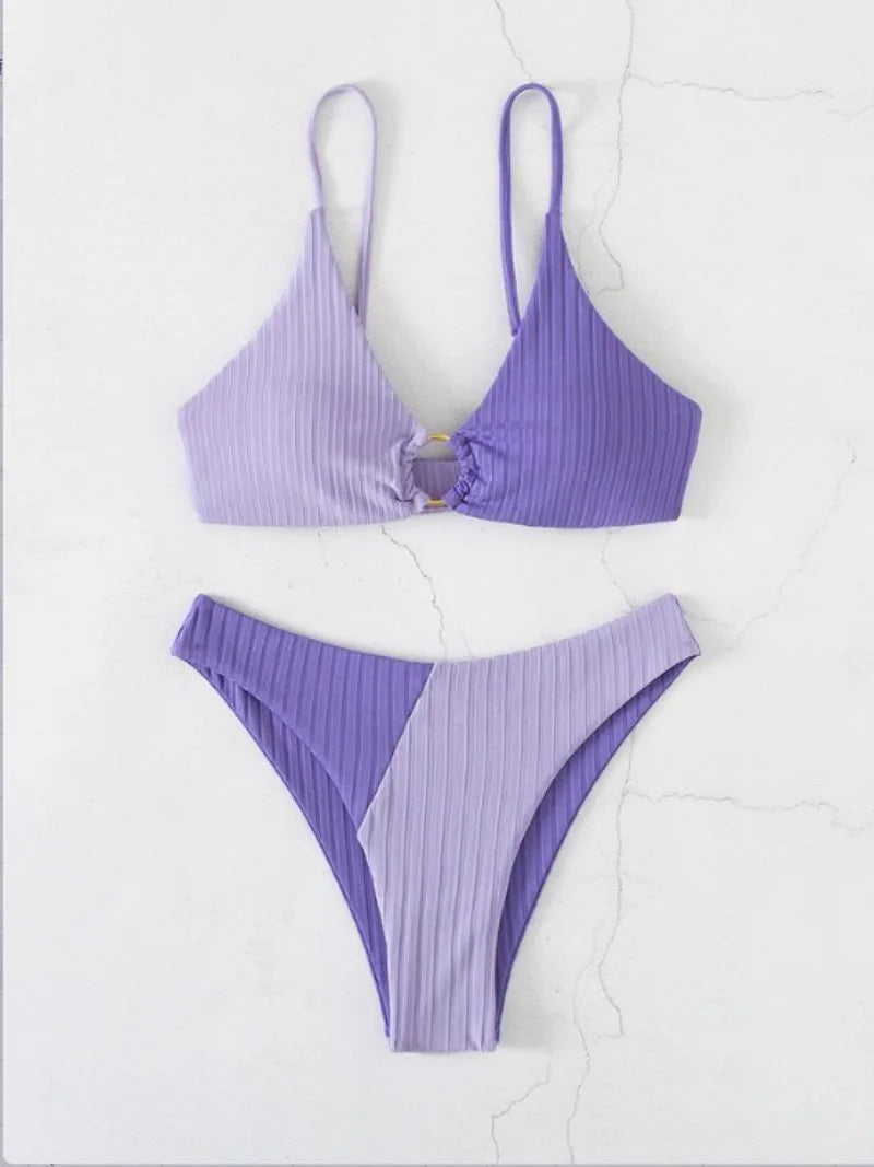 Damen Bikini Set – Push-Up Top – High Waist – Rippstruktur – Ringdetail