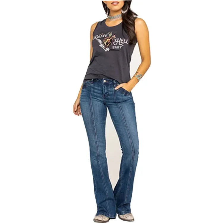 Damen Schlagjeans – Figurbetont – Volle Länge – Kontrastnähte – Casual Look