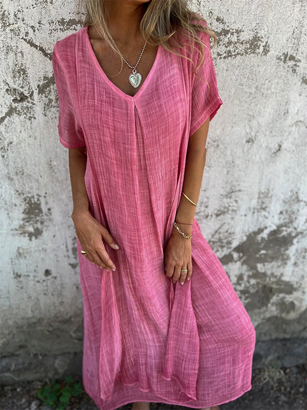 Damen Kleid – Lockerer Schnitt – V-Ausschnitt – Kurzarm – Atmungsaktives Material