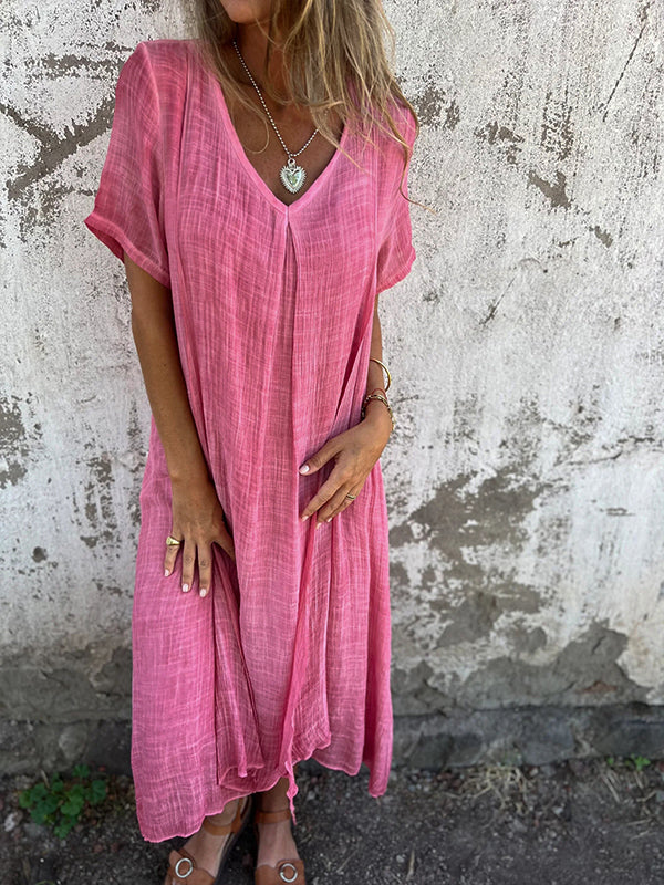 Damen Kleid – Lockerer Schnitt – V-Ausschnitt – Kurzarm – Atmungsaktives Material
