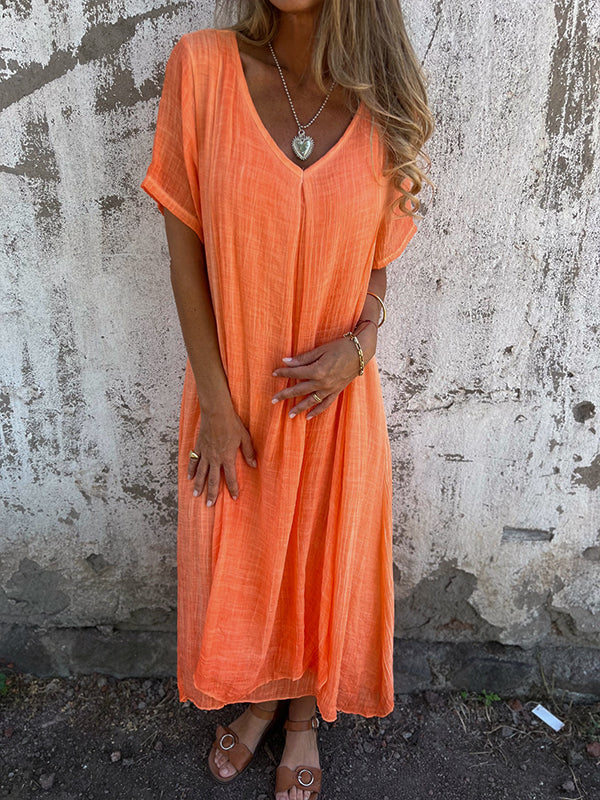 Damen Kleid – Lockerer Schnitt – V-Ausschnitt – Kurzarm – Atmungsaktives Material