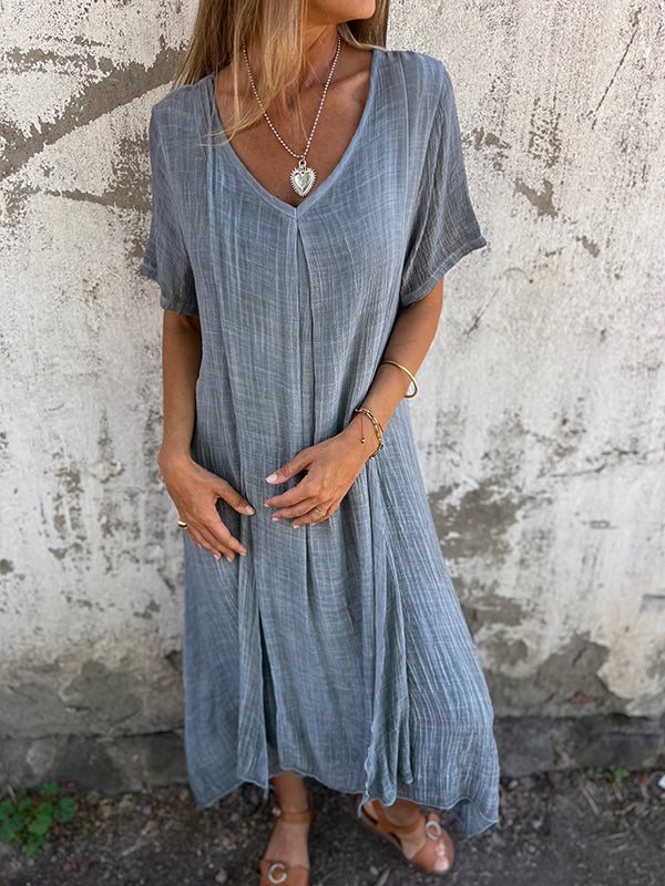Damen Kleid – Lockerer Schnitt – V-Ausschnitt – Kurzarm – Atmungsaktives Material