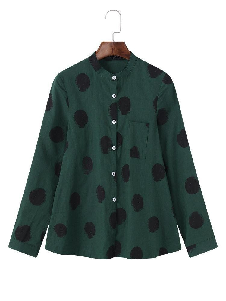 Damen Bluse – Relaxed Fit – Weicher Stehkragen – Polka Dots – Atmungsaktive Qualität