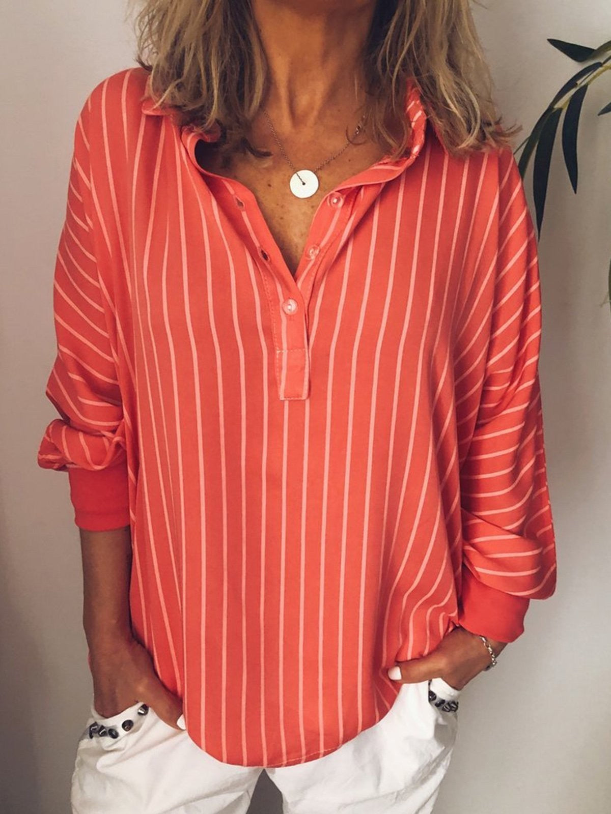 Damen Bluse – Lockerer Schnitt – Atmungsaktives Gewebe – Streifen – Langarm