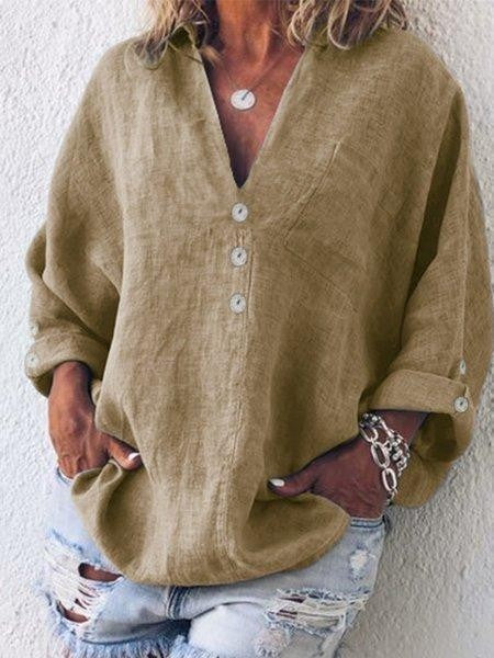 Damen Bluse – Oversized Fit – V-Ausschnitt – Knopfleiste – Langarm Naturfaser