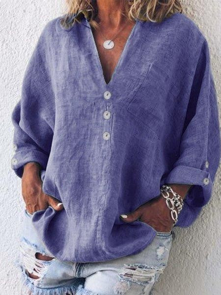Damen Bluse – Oversized Fit – V-Ausschnitt – Knopfleiste – Langarm Naturfaser