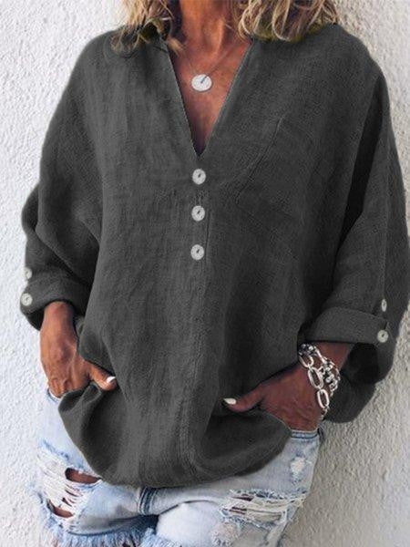Damen Bluse – Oversized Fit – V-Ausschnitt – Knopfleiste – Langarm Naturfaser