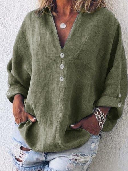 Damen Bluse – Oversized Fit – V-Ausschnitt – Knopfleiste – Langarm Naturfaser