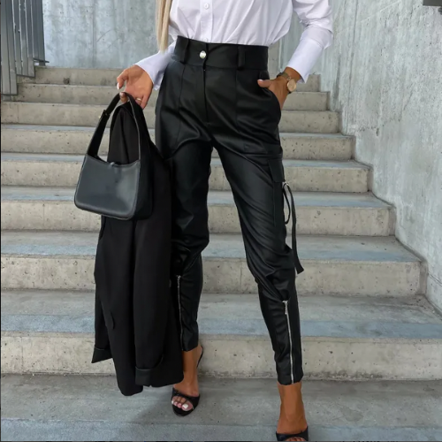 Damen Cargo-Hose – Slim Fit High Waist – Utility-Taschen – Reißverschluss am Knöchel