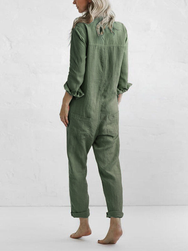 Damen Jumpsuit – Relaxed Fit – Gerade Beine – Atmungsaktive Naturfaser – Langarm mit Riegel – Knopfleiste – Hemdkragen