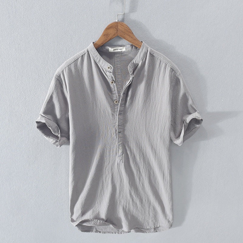 Herren Kurzarmhemd – Relaxed Fit – Mandarin Kragen – Atmungsaktive Naturfasern