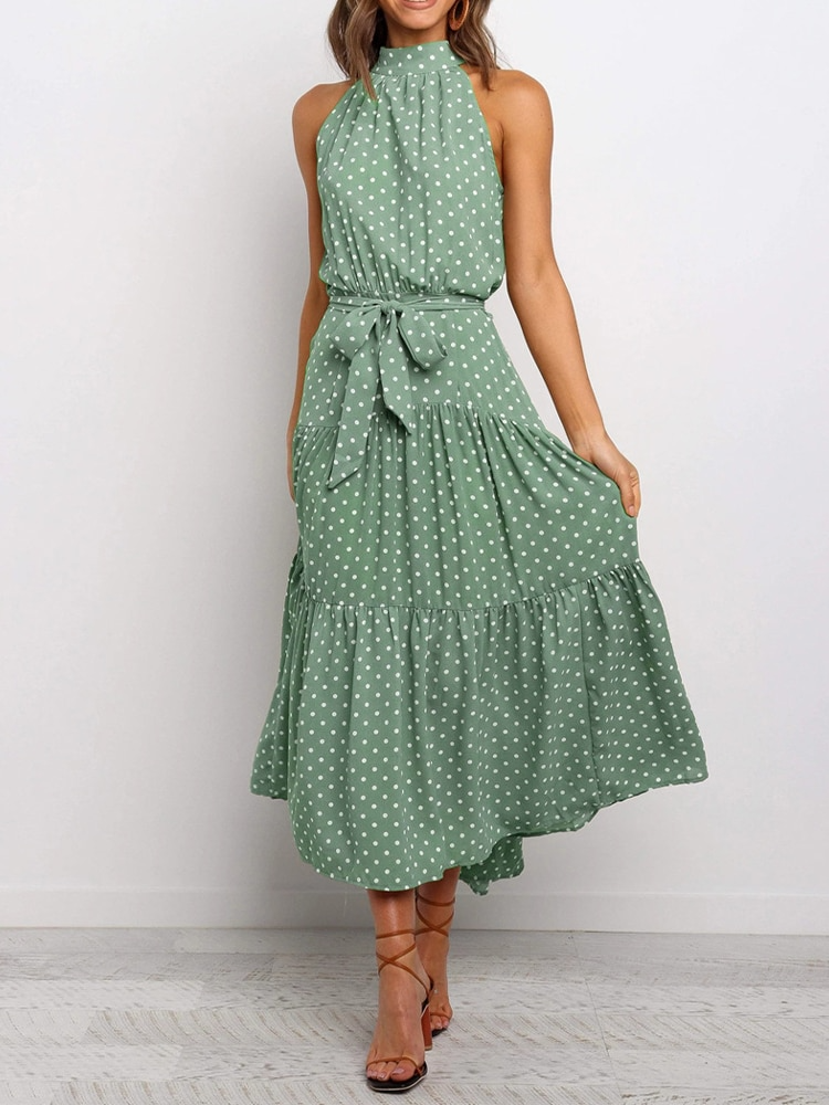 Damen Midikleid – Halter Ausschnitt – Punktemuster – Taillengürtel – Fließend