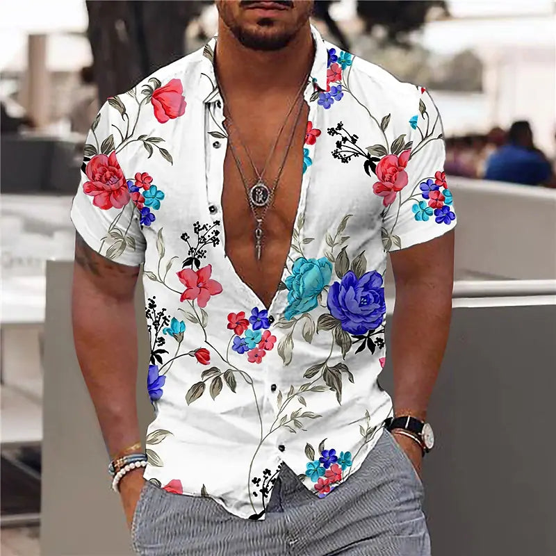 Herren Kurzarmhemd – Slim Fit – Atmungsaktive Mischung – V-Ausschnitt – Florales Muster