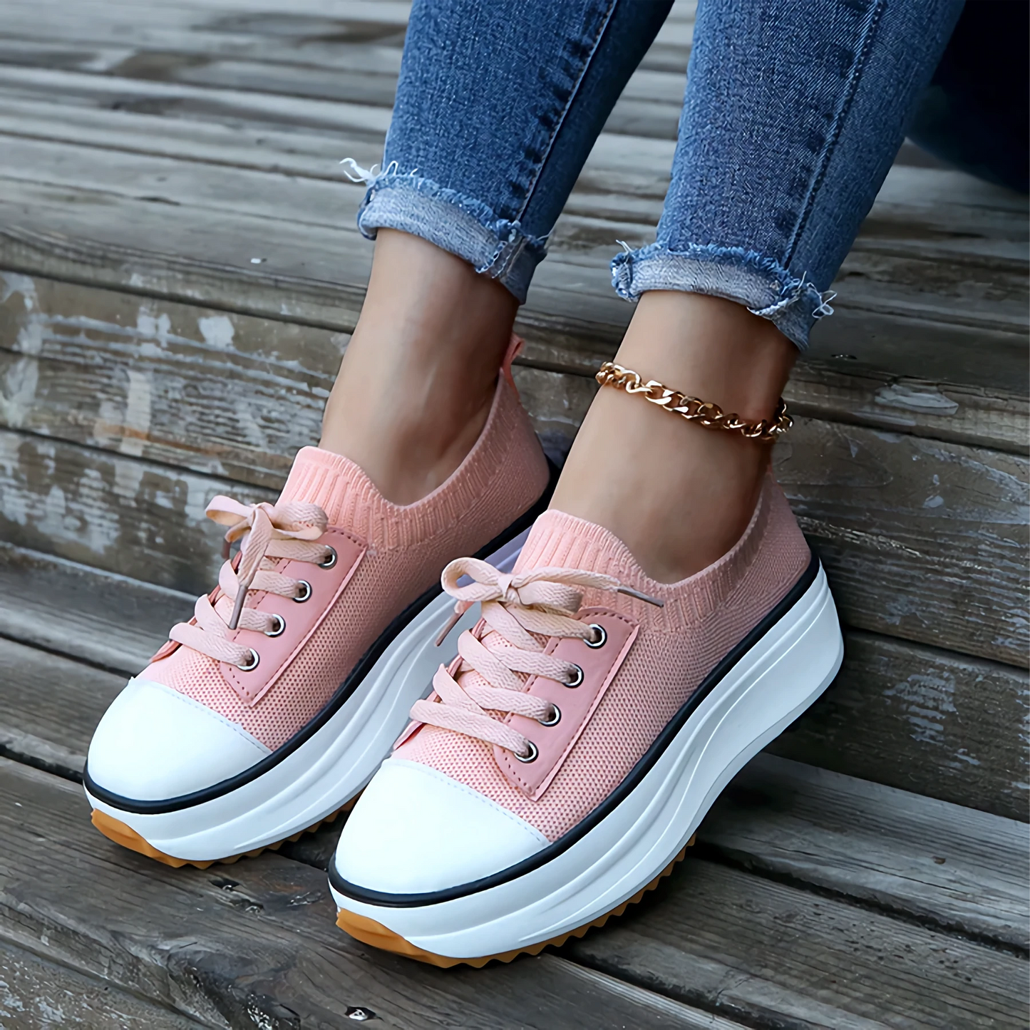 Damen Sneakers – Soft Knit – Plateau-Sohle – Atmungsaktiv – Schnürdesign – Casual