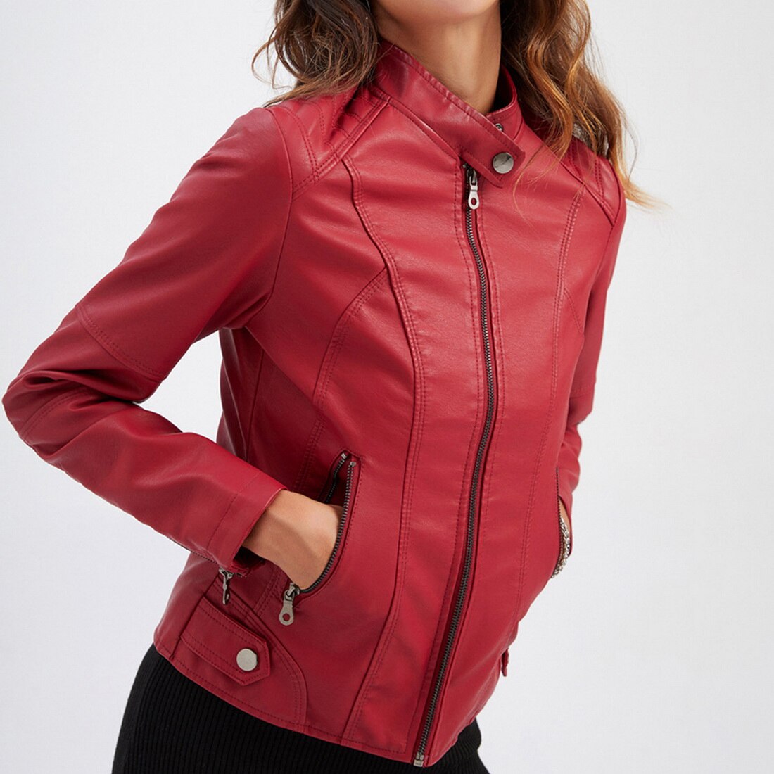 Damen Bikerjacke – Slim Fit – Glänzendes Finish – Stehkragen – Zipperdetails