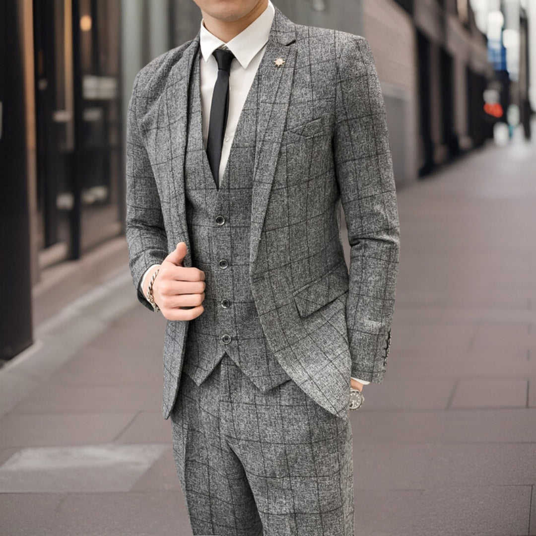 Herren Anzug 3-teilig – Slim Fit – Karomuster – Luxusmaterial – Formaler Look
