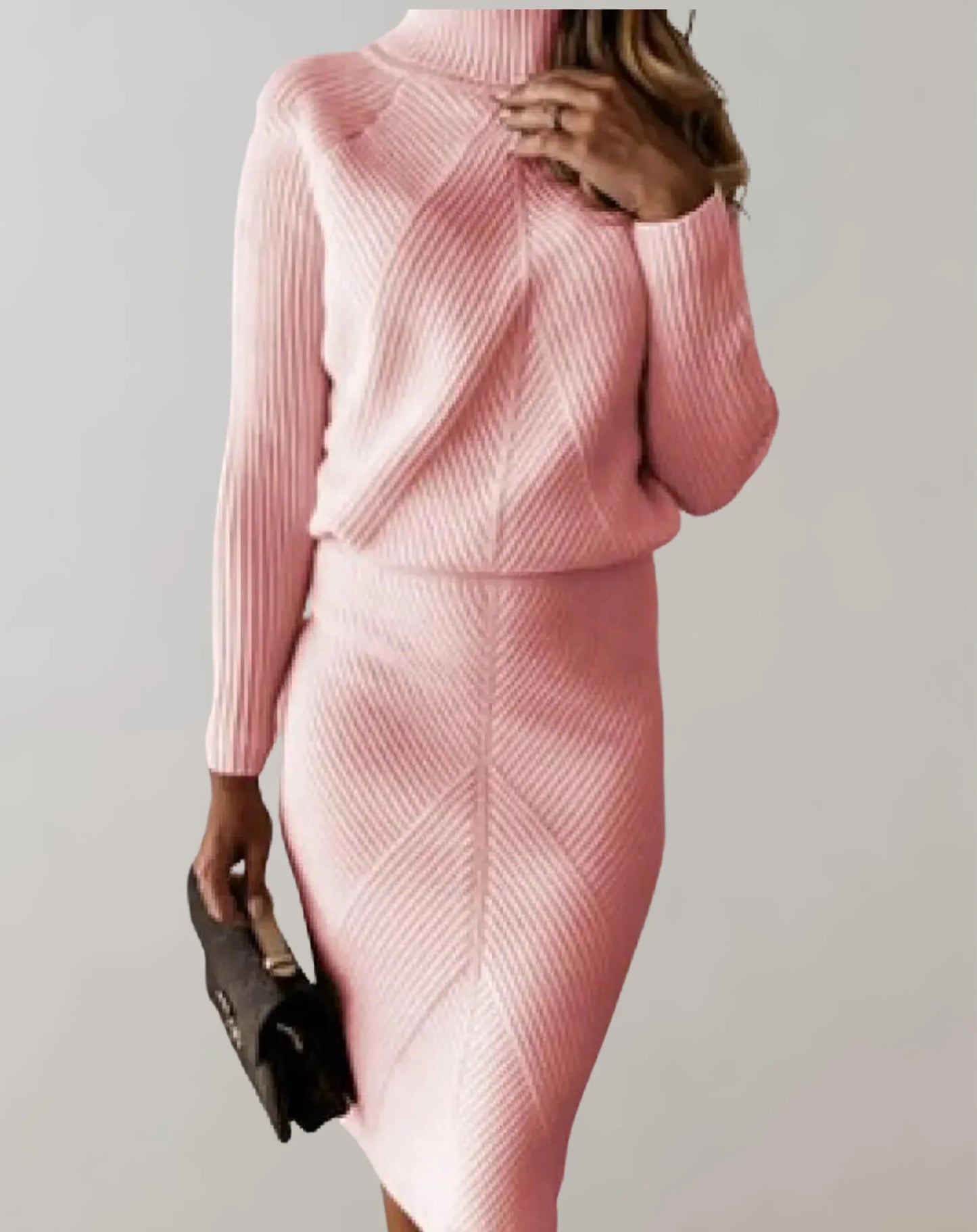 Damen Zweiteiler Set – Rippenstrick – Slim Fit – Rollkragenpullover & Midirock