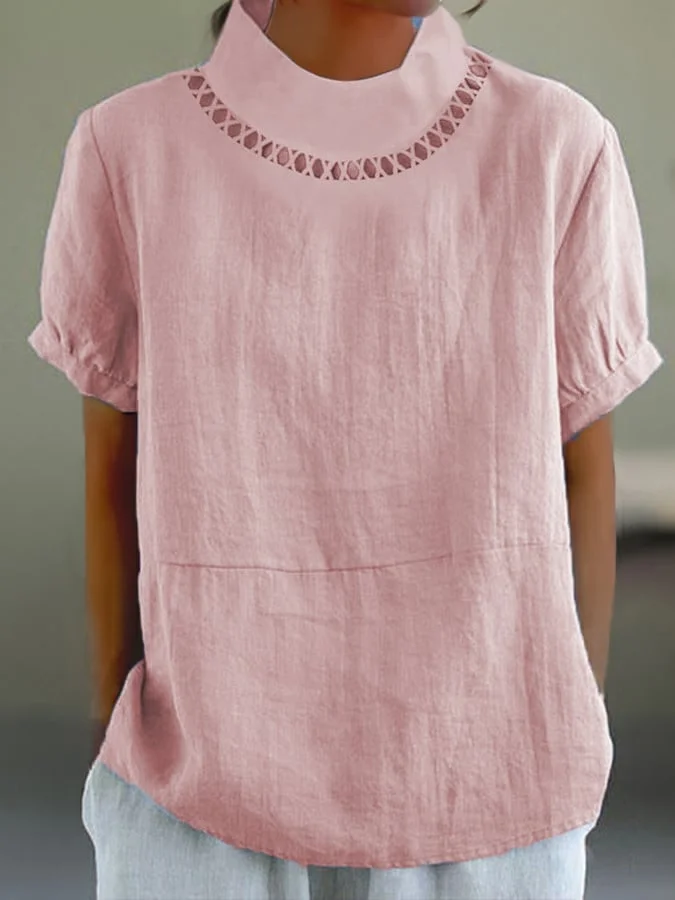 Damen Bluse – Lockerer Schnitt – Kurzarm mit Umschlag – Spitzenbesatz – Atmungsaktive Mischung