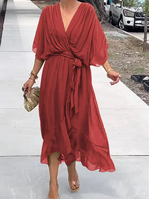 Damen Maxikleid – Luftiger Schnitt – Kimonoärmel – Verstellbare Taille – V-Ausschnitt