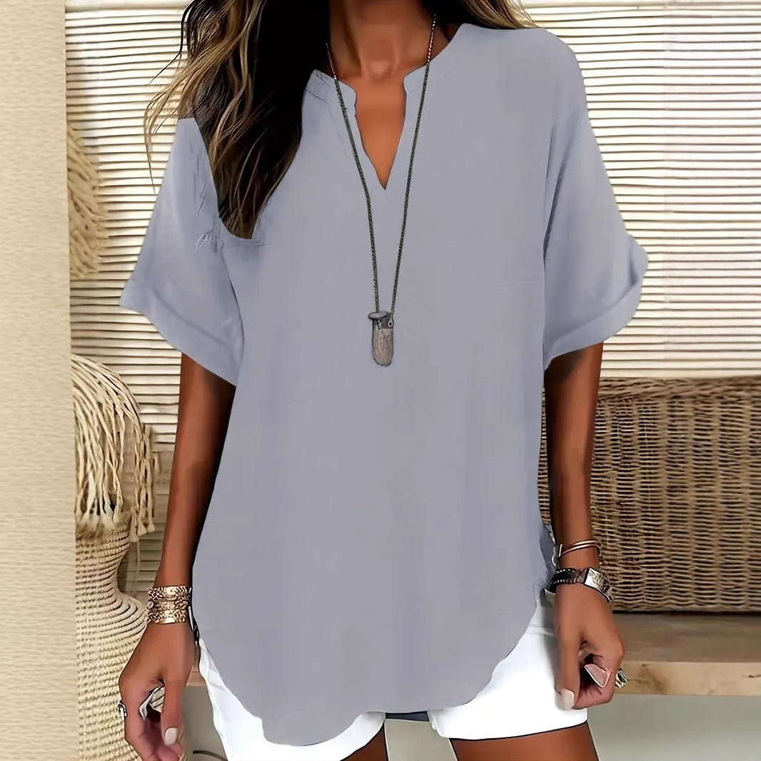 Damen Bluse – Lockerer Schnitt – V-Ausschnitt – Kurzarm – Natürliche Fasern