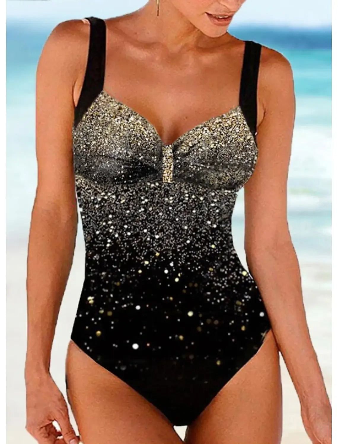 Damen Badeanzug – Formender Schnitt – Eingearbeitetes Top – Glitzerndes Farbverlauf-Design