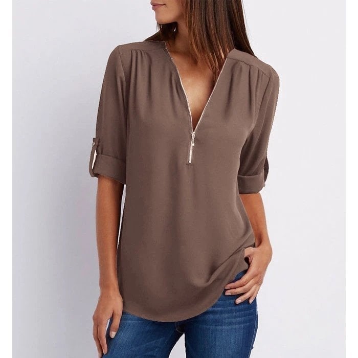 Damen Bluse – Lockerer Schnitt – Atmungsaktives Material – Half-Zip – 3/4 Ärmel