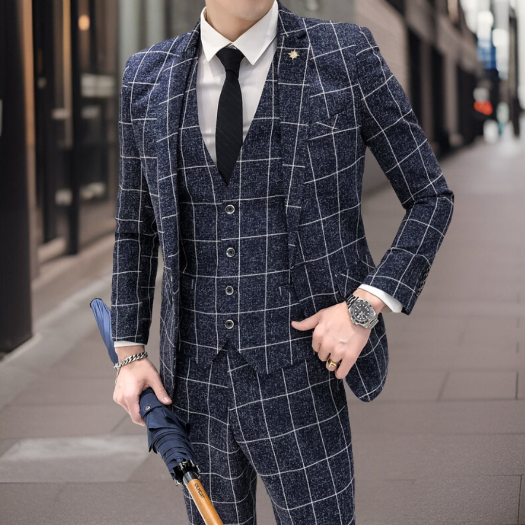 Herren Anzug 3-teilig – Slim Fit – Karomuster – Luxusmaterial – Formaler Look