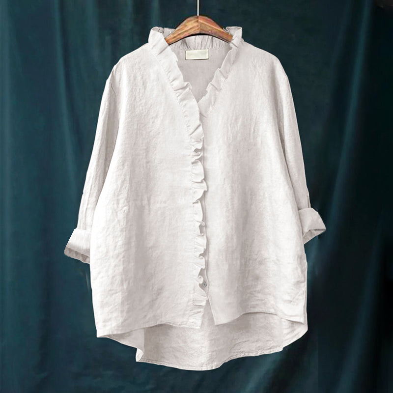 Damen Bluse – Oversized Passform – Rüschenkragen – V-Ausschnitt – Natürliche Fasern