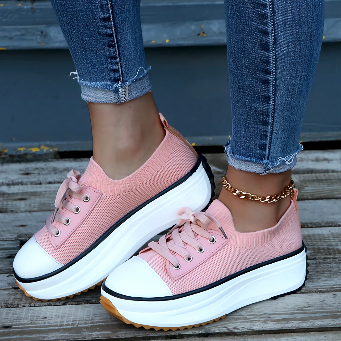 Damen Sneakers – Soft Knit – Plateau-Sohle – Atmungsaktiv – Schnürdesign – Casual