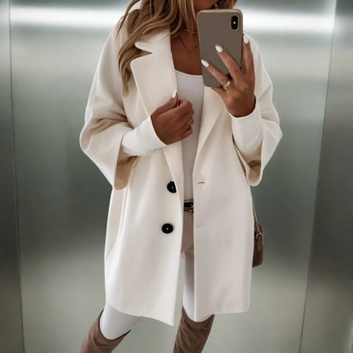 Damen Mantel – Relaxed Fit – Wolloptik – Klassischer Reverskragen – Knopfverschluss