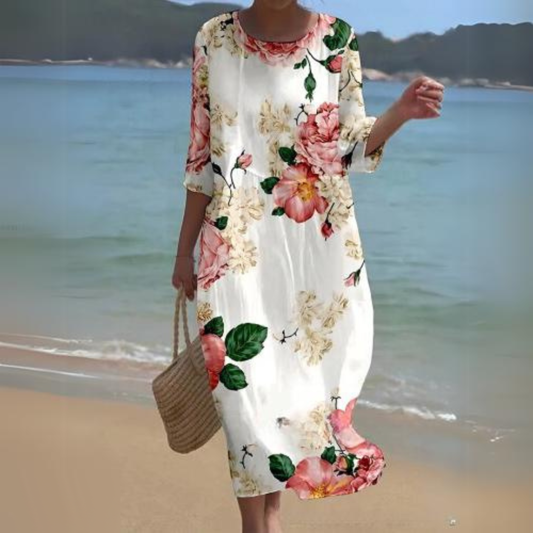 Damen Midi Kleid – Fließender Schnitt – Atmungsaktives Gewebe – Blumenmuster