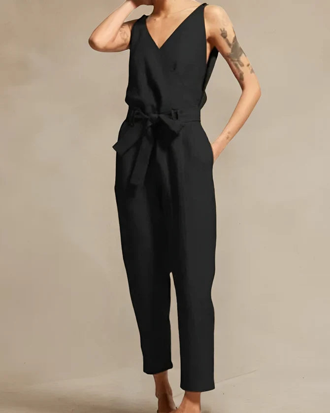 Damen Jumpsuit – Baumwollmix – Ärmellos – Lockerer Schnitt – Wickeloptik – Gürtelbund